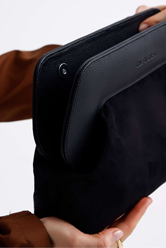 Kadın Siyah Deri Detaylı Süet Clutch El Çantası