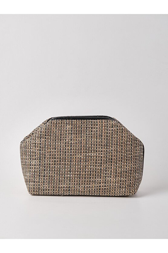 Kadın Siyah Biyeli Çizgili Jüt Hasır Clutch El Çantası