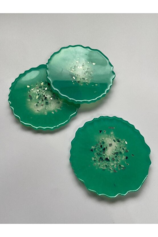 El Yapımı Yeşil Epoksi Bardak Altlığı Seti (3’lü) – 11 cm