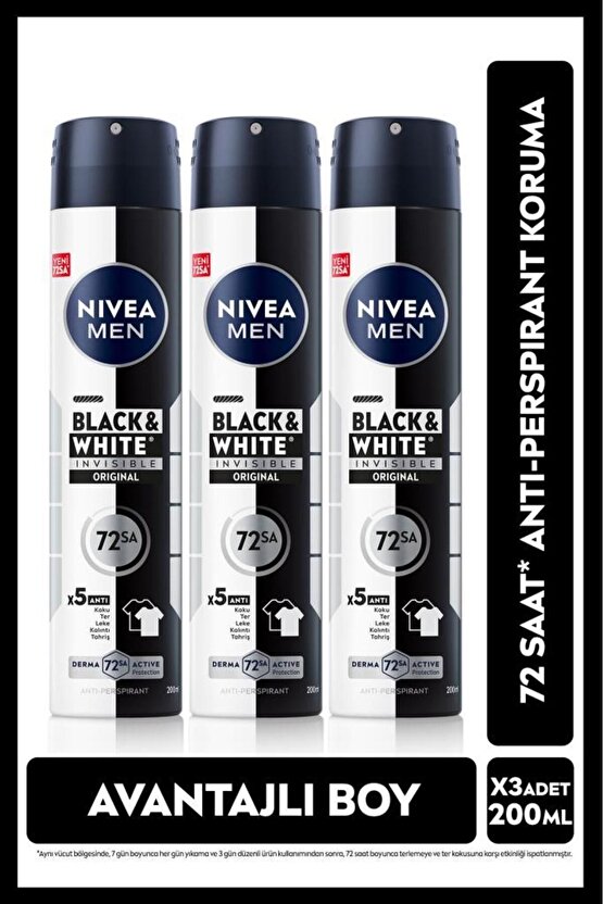 MEN Erkek Sprey Deodorant Black&White Invisible Original 200ml, 72 Saat Anti-perspirant, X3 Adet