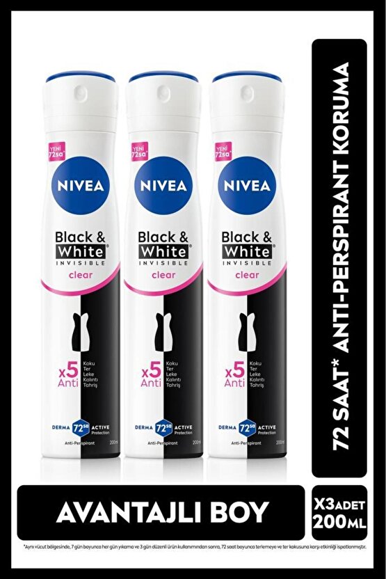 Kadın Sprey Deodorant Black&white Invisible Clear 48 Saat Anti-perspirant Koruma 200mlx3adet