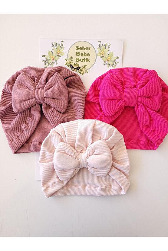 Kız Bebek & Çocuk Renkli Fiyonklu Bone 3Lü Set