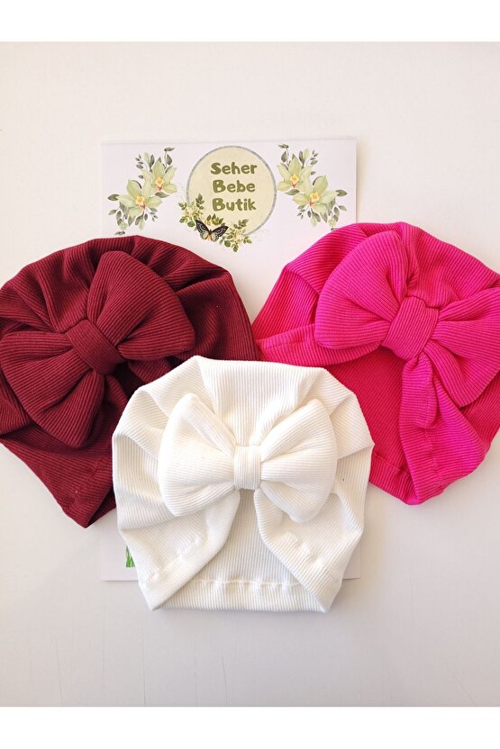 Kız Bebek & Çocuk Renkli Fiyonklu Bone 3Lü Set