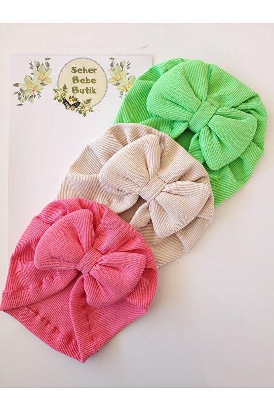Kız Bebek & Çocuk Renkli Fiyonklu Bone 3Lü Set