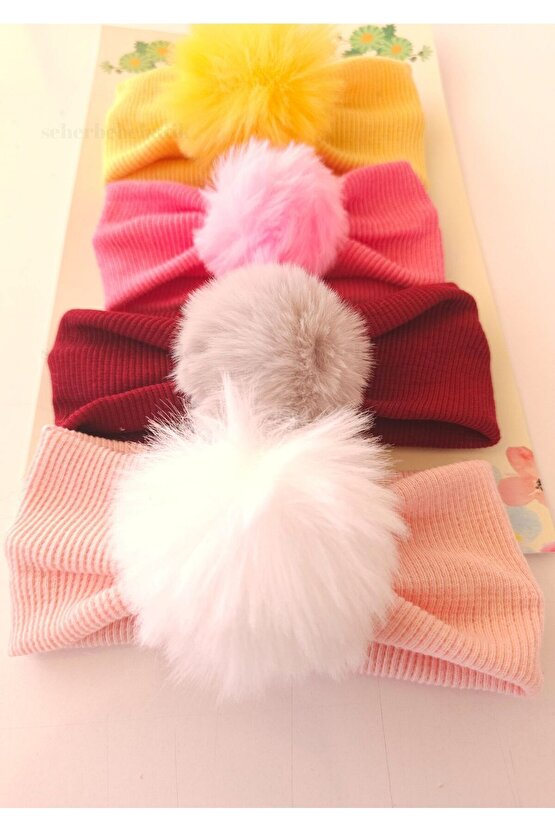 Kız Bebek & Çocuk PonPon Bandana Set - Peluş-Yumuşak-Esnek