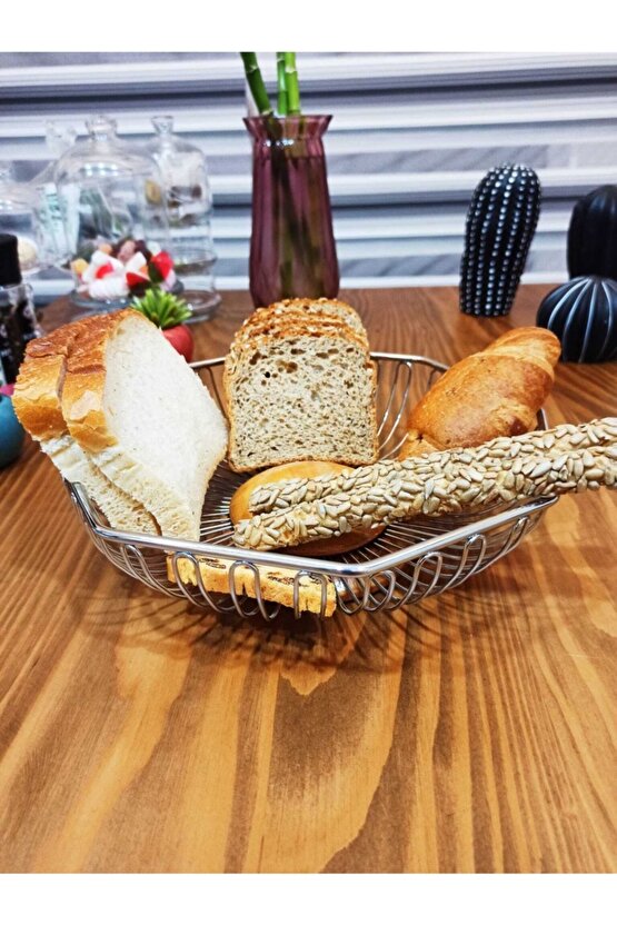 Ekmeklik Metal Paslanmaz Çelik Gümüş Renk Ekmek Sepeti Çok Amaçlı Ahşap Ayaklı Lüx Sepet