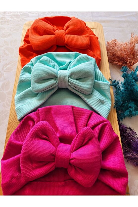 Kız Bebek & Çocuk Renkli Fiyonk Bone 3lü Set