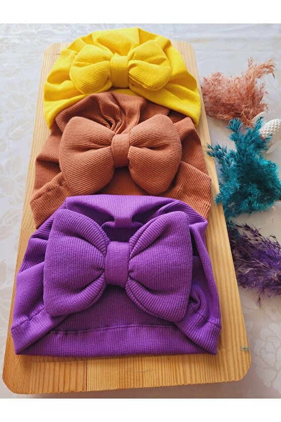 Kız Bebek & Çocuk Renkli Fiyonk Bone 3lü Set