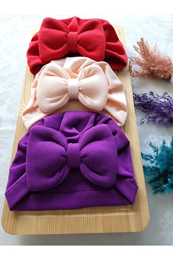 Kız Bebek & Çocuk Renkli Fiyonk Bone 3lü Set