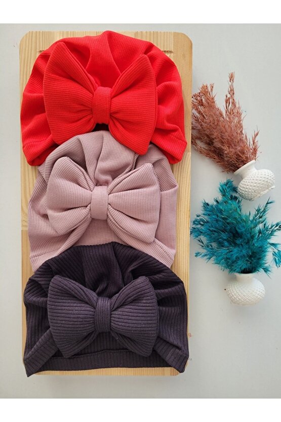 Kız Bebek & Çocuk Renkli Fiyonk Bone 3lü Set