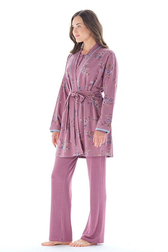 Kadın Klasik Çicek Desenli Yakası Düğmeli Belden Kuşaklı 3lü Pijama Takımı