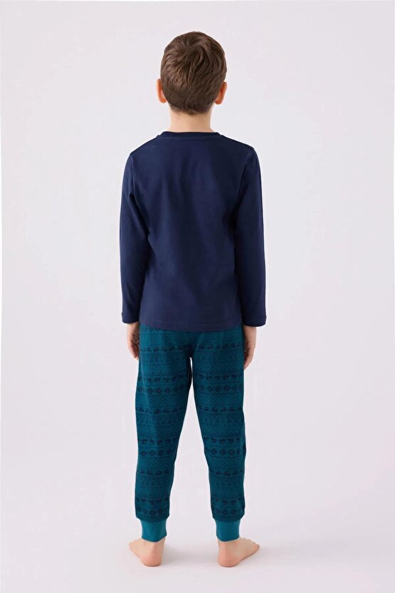 3135 Uzun Kollu Pamuklu Erkek Çocuk Pijama Takımı Lacivert