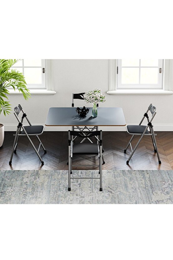 60x90 Füme Katlanır Masa Ve 4 Adet Sandalye Seti 1132