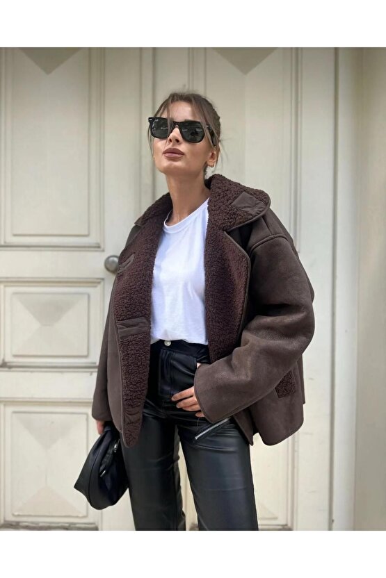 Else Acı Kahve Dokulu Süet Içi Peluşlu Oversize Zr Model Mont