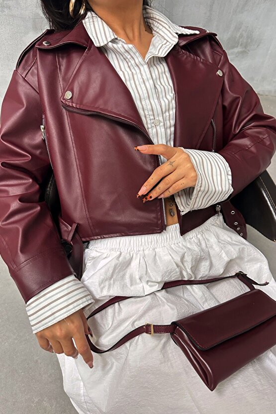 Kemerli Bordo Crop Deri Ceket