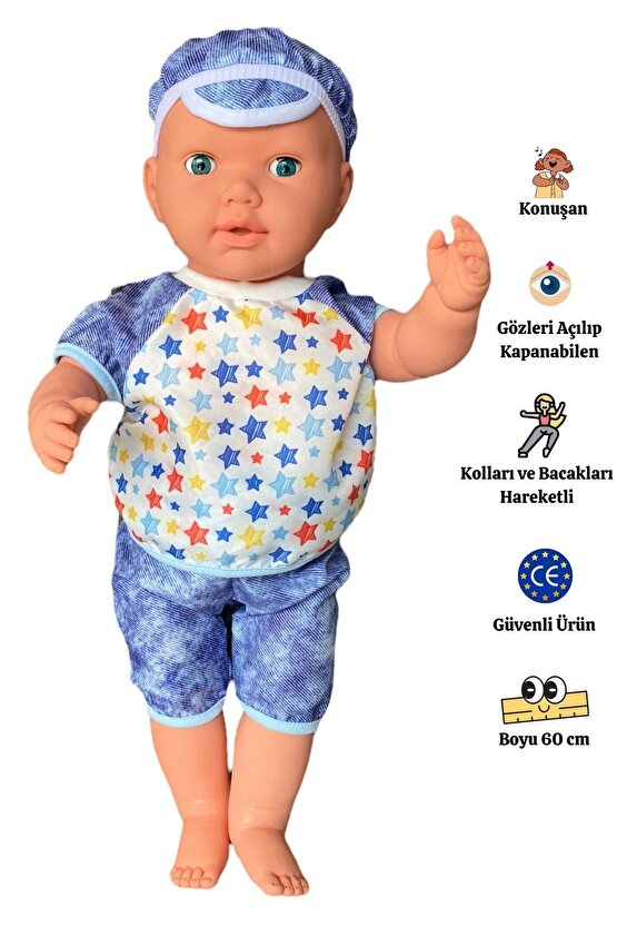 Oynar Gözlü Türkçe Konuşan Berke Kel Et Bebek 60 Cm. - Konuşabilen Bebek - Kel Büyük Bebek