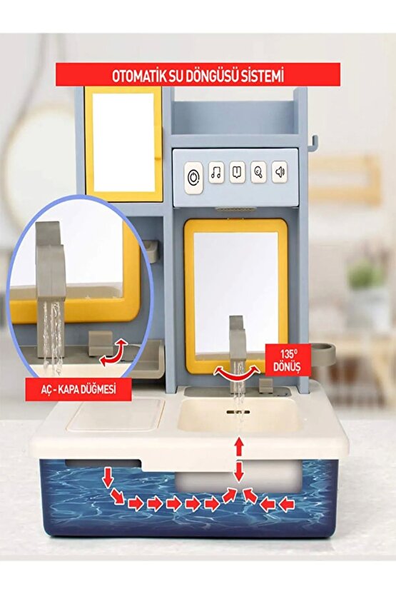Su Akıtan Modern Banyo Seti - Çeşmeli Işıklı ve Sesli Lavabo - Banyo Seti - Su Akan Musluk - Mavi
