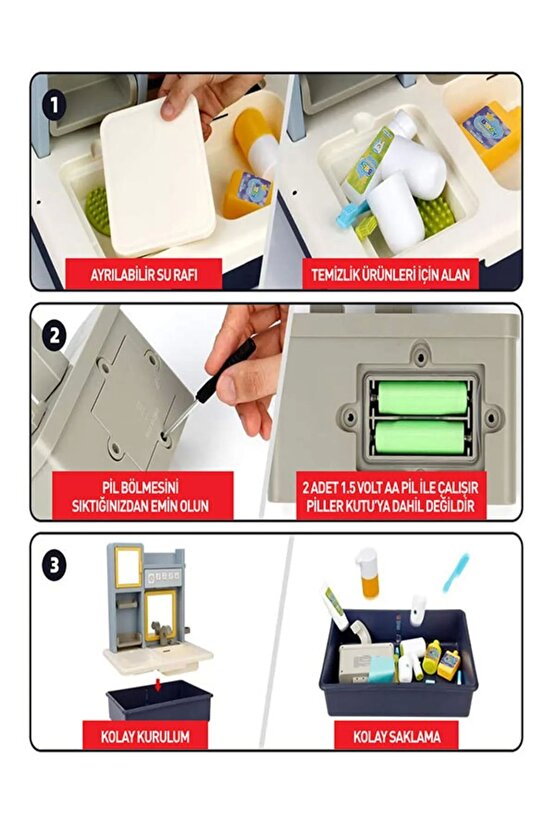 Su Akıtan Modern Banyo Seti - Çeşmeli Işıklı ve Sesli Lavabo - Banyo Seti - Su Akan Musluk - Mavi