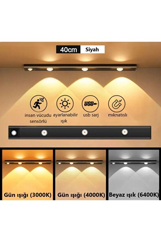 40cm Harekete Duyarlı Led Sensörlü Usb Şarj Dim Edilebilir Taşınabilir Mutfak, Dolap, Gece Lambası