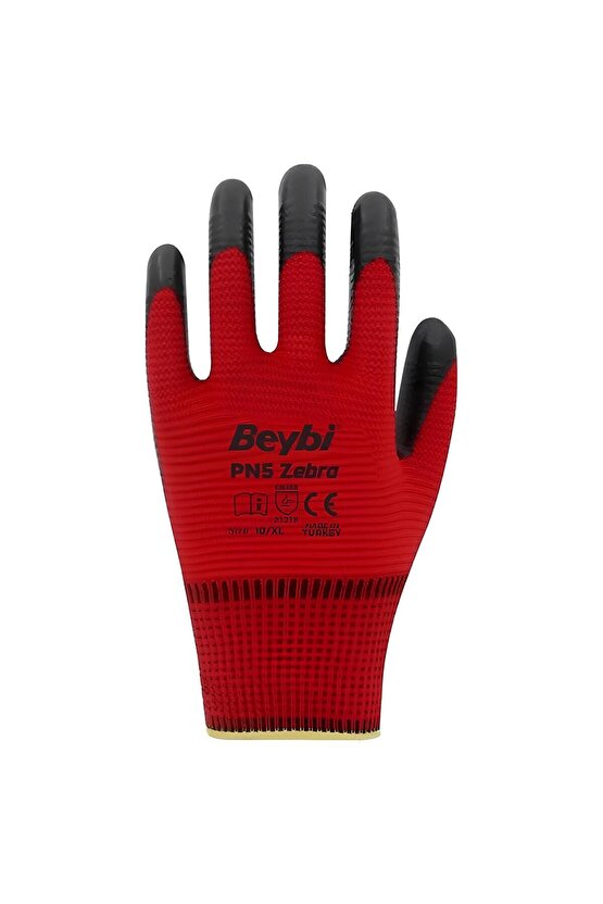 Pn5 Kırmızı Zebra Polyester Örme Nitril Işçi Eldiveni 10 Çift 10 Numara