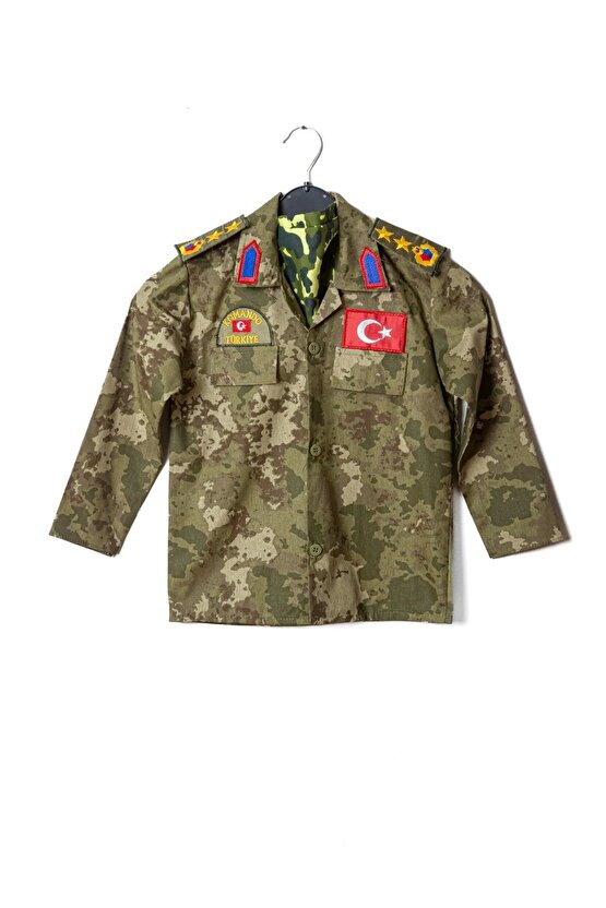 Kara Kuvvetleri Yeni Kamuflaj Renkli Uzun Kollu Yarbay Komando Fularli Karaci Cocuk Kostum Takimi