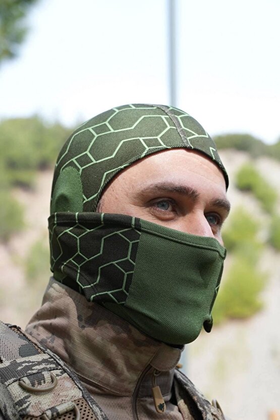 Koyu Yesil Haki Renkli Ruzgar Gecirmez Termal Balaklava Kar Maskesi