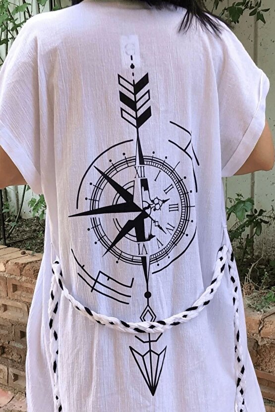 Beyaz Renk Keten Dokuma Pusula Desenli Kisa Kollu Kimono Plaj Elbisesi