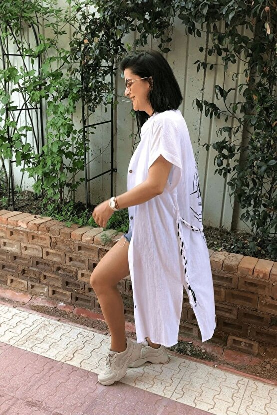 Beyaz Renk Keten Dokuma Pusula Desenli Kisa Kollu Kimono Plaj Elbisesi