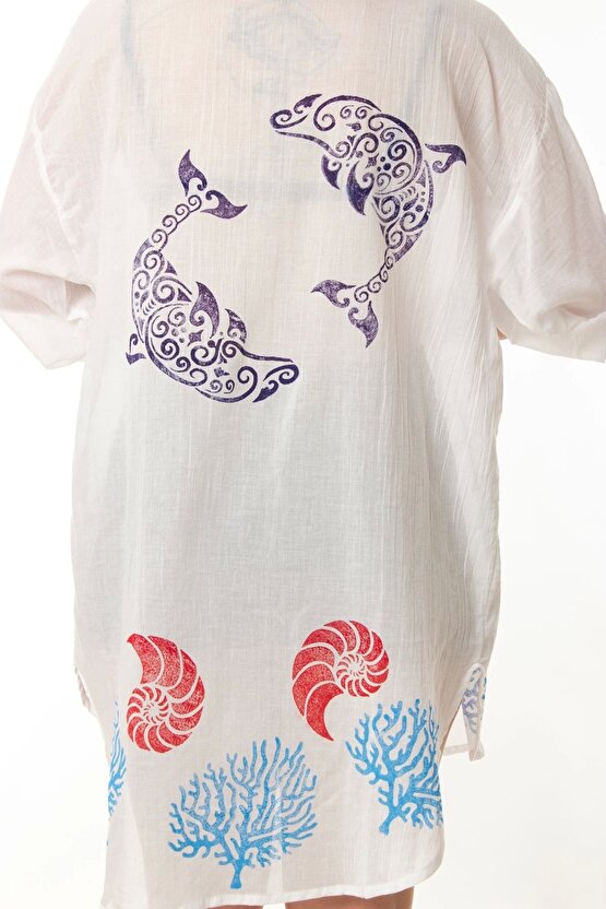Beyaz Renk Keten Dokuma Yunus Balik Desenli Uzun Kollu Kimono Plaj Elbisesi