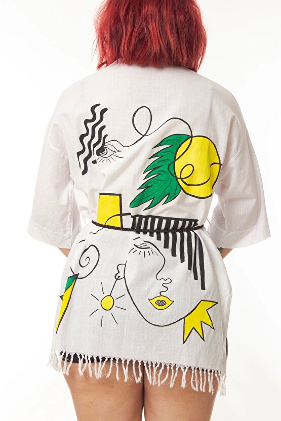 Beyaz Renk Keten Dokuma Popart Desenli Uzun Kollu Kimono Plaj Elbisesi