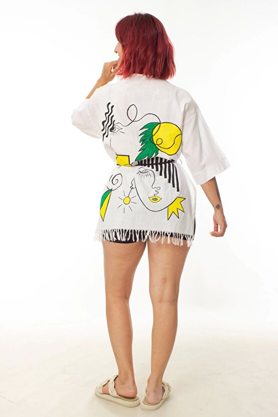 Beyaz Renk Keten Dokuma Popart Desenli Uzun Kollu Kimono Plaj Elbisesi