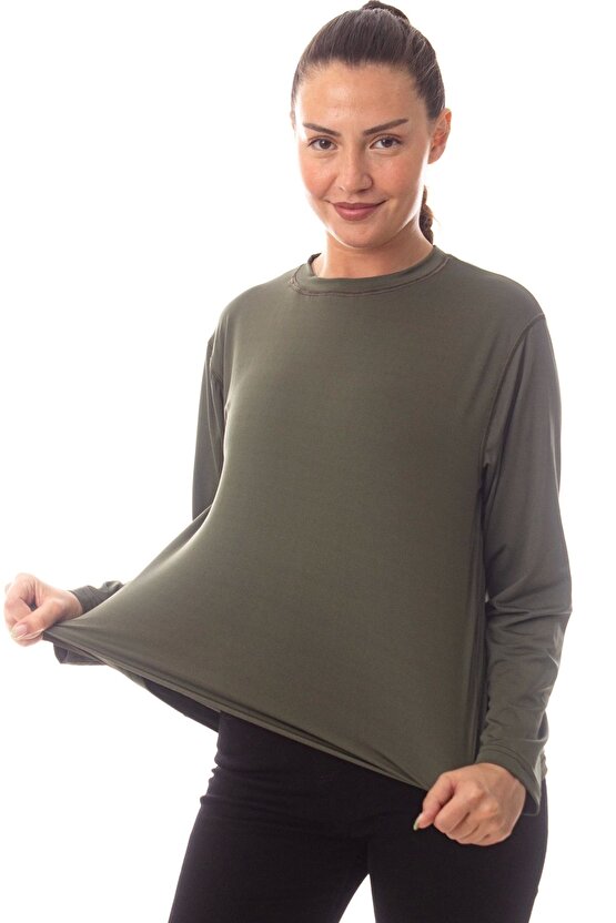 Uzun Kollu Yesil Renk Yuvarlak Yakali Microfiber Thermal iclik Tisort