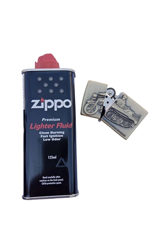 Ozel Tasarim Sari Renkli Benzinli Motorlu Tank Asker Kabartmali premium zippo Cakmak