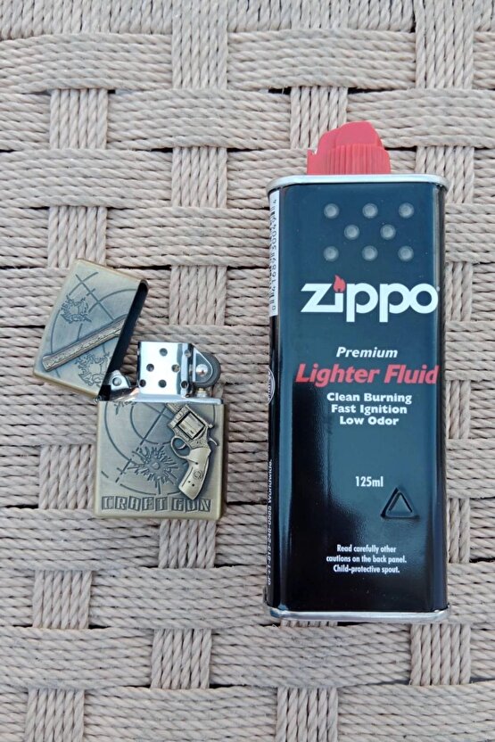 Ozel Tasarim Sari renkli 45 lik Tabanca kabartmali Craft Gun yazili premium zippo Cakmak