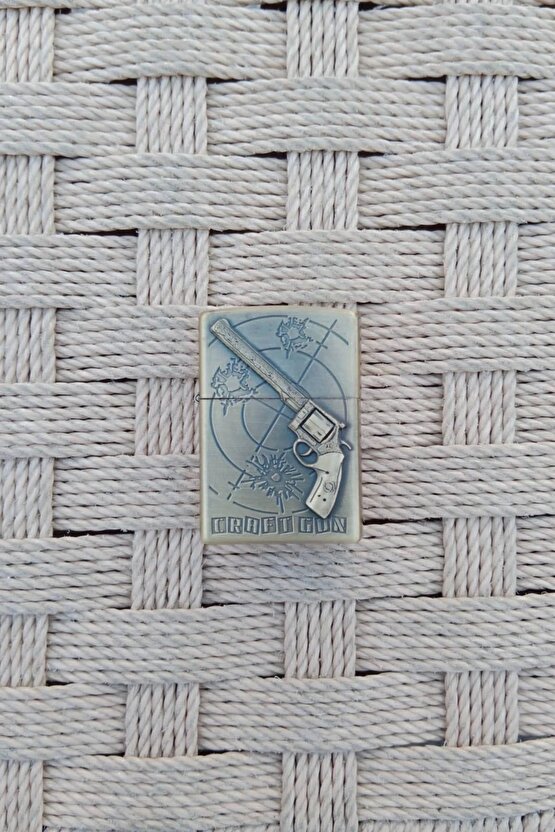 Ozel Tasarim Sari renkli 45 lik Tabanca kabartmali Craft Gun yazili premium zippo Cakmak