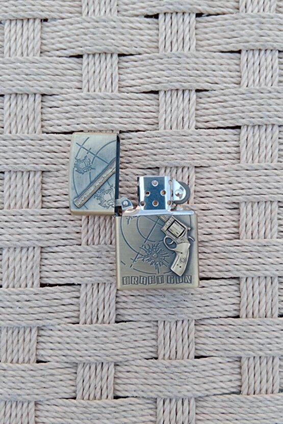 Ozel Tasarim Sari renkli 45 lik Tabanca kabartmali Craft Gun yazili premium zippo Cakmak