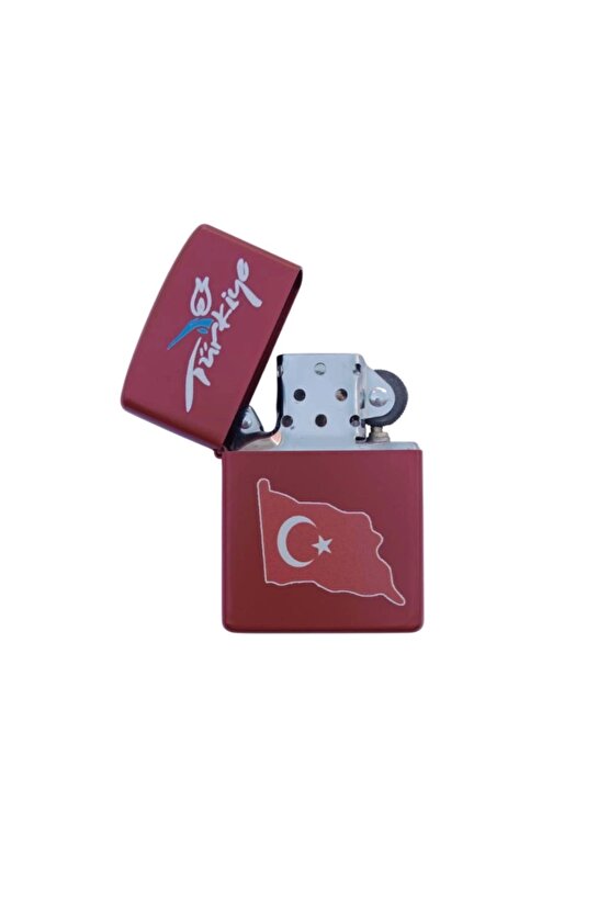 Ozel Tasarim Kirmizi Renkli Benzinli Turkiye Yazili Ayyildiz Bayrakli premium zippo Cakmak