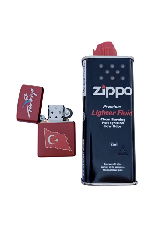 Ozel Tasarim Kirmizi Renkli Benzinli Turkiye Yazili Ayyildiz Bayrakli premium zippo Cakmak