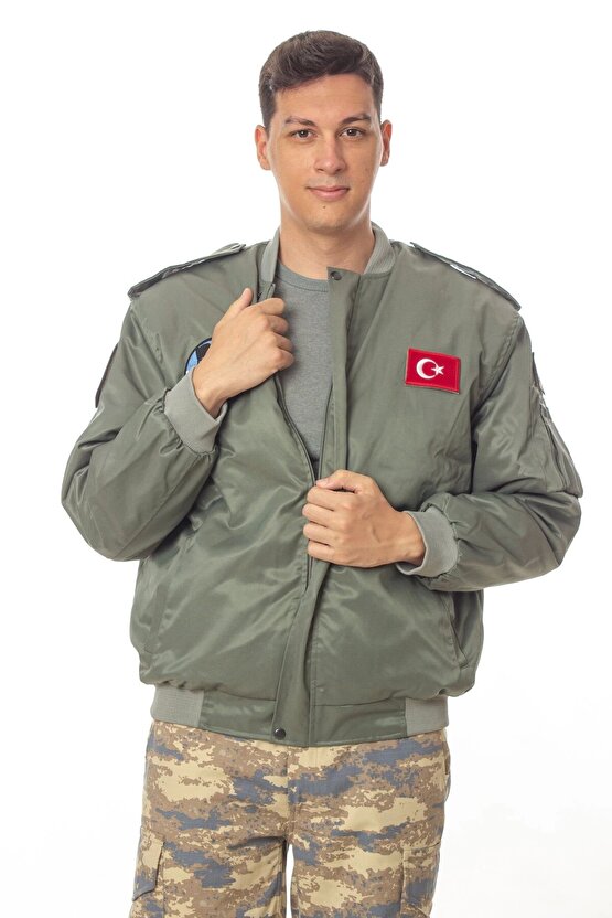 Hava kuvvetleri yesil renk 4 cepli uzun kollu fermuarli pilot mont ceket