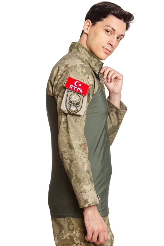Kara Kuvvetleri Kamuflaj Renkli Uzun Kollu Taktik Likrali Operasyon Combat Tisort