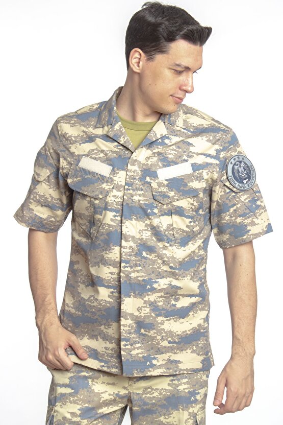 Hava Kuvvetleri Yeni Kamuflaj Renkli Kısa Kollu  Taktik Askeri Gömlek Short Sleeve Camouflage