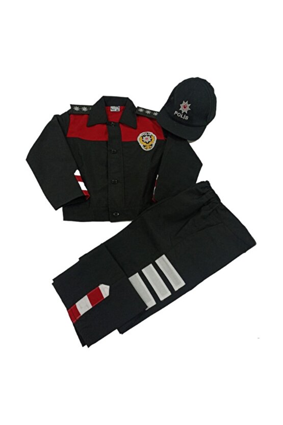 Uzun Kollu Siyah Kirmizi 3 Lu Sapkali Cocuk Yunus Polis Kiyafet Takimi