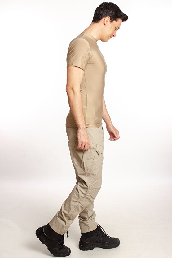 Kum Beji Renkli Kisa Kollu Yuvarlak Yakali Microfiber Nano Micro Thermal Iclik T-shirt