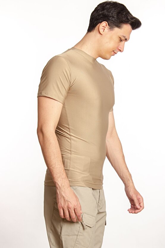 Kum Beji Renkli Kisa Kollu Yuvarlak Yakali Microfiber Nano Micro Thermal Iclik T-shirt