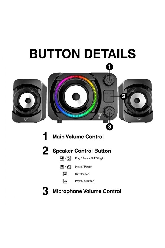 RGB LED IŞIKLI 2+1 SES SİSTEMİ BLUETOOTH HOPARLÖR FM RADYO KARAOKE MİKROFONLU SPEAKER TV PC 50W