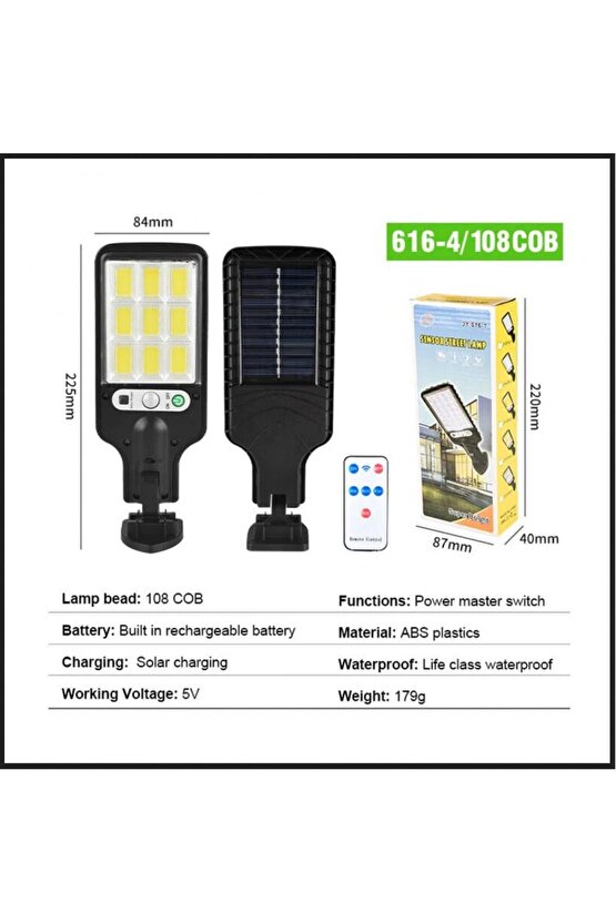 Solar Güneş Enerjili Kumandalı 108 Cob Ledli 3 modlu Projektör Hareket Sensörlü Sokak Lambası