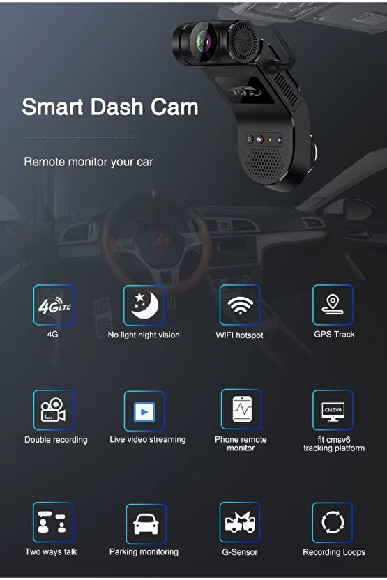 4G+WİFİ ARAÇ KAMERASI PANİK BUTONLU GPS Lİ SİM KARTLI ARAÇ İÇİ ÇİFT KAYIT KAMERA TAKSİ DOLMUŞ TIR