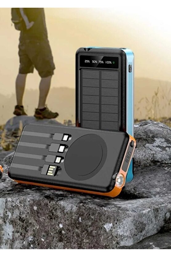 SOLAR POWERBANK GÜNEŞ ENERJİ PANELLİ 10000MAH KENDİNDEN KABLO ÇIKIŞLI LED IŞIKLI  POWERBANK