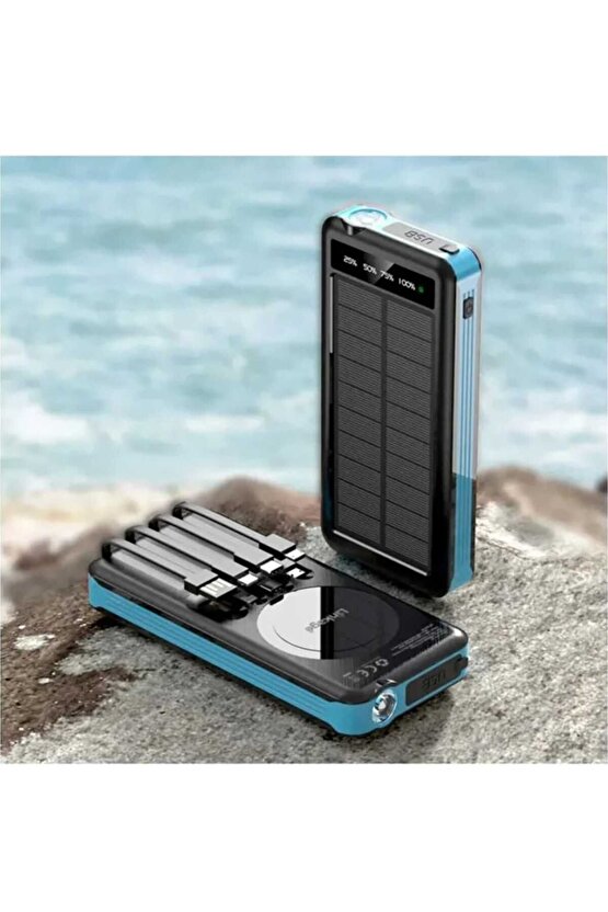 SOLAR POWERBANK GÜNEŞ ENERJİ PANELLİ 10000MAH KENDİNDEN KABLO ÇIKIŞLI LED IŞIKLI  POWERBANK