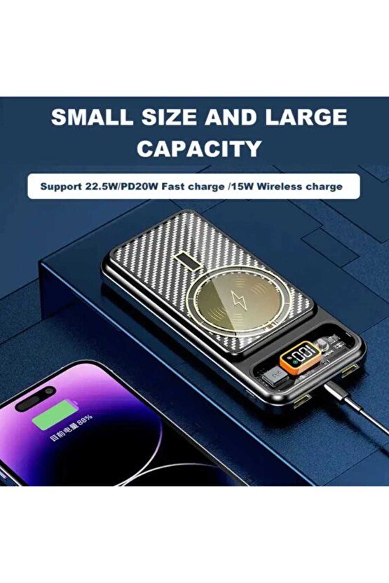 10000MAH 15W WİRELESS MAGSAFE KABLOSUZ ŞARJ ÖZELLİKLİ TAŞINABİLİR ŞARJ ALETİ LCD EKRANLI